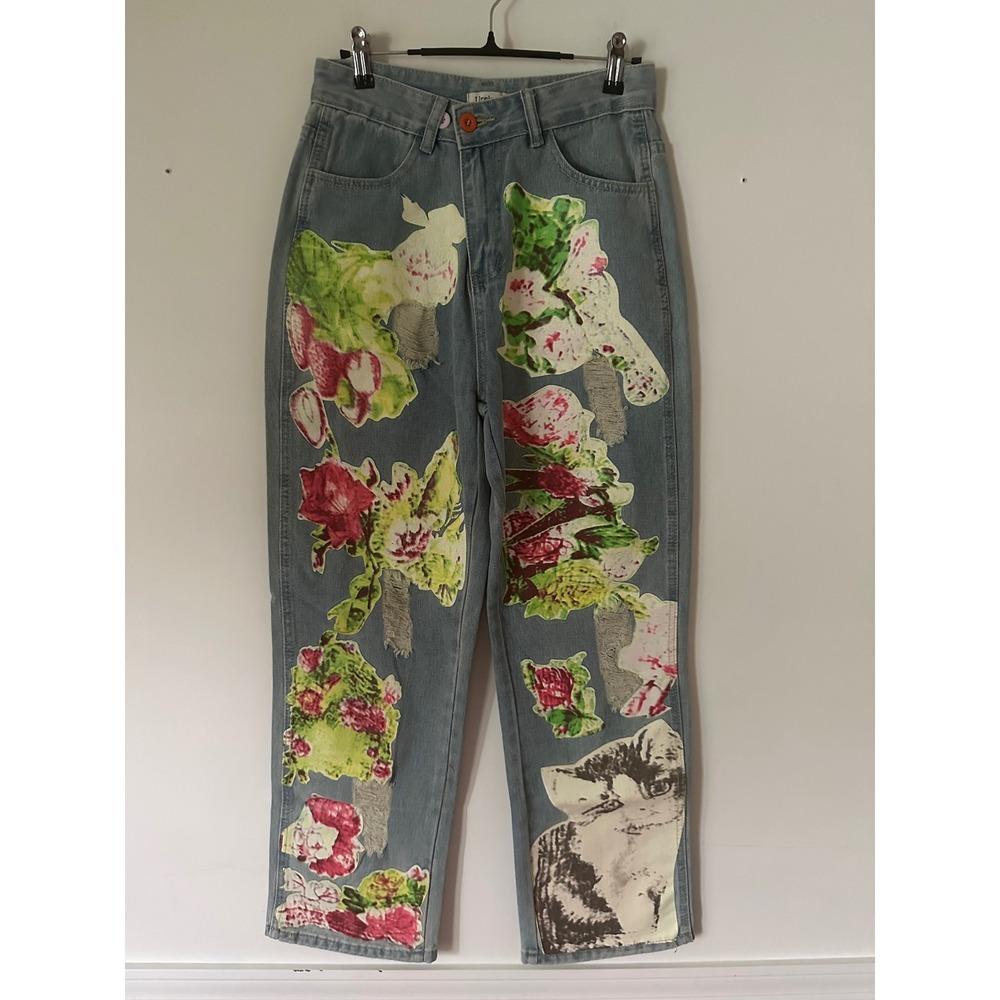 Ursime Women Floral Cat Patchwork Jeans Light Wash Straight Leg Size S Eclectic